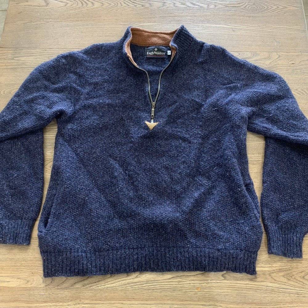 VTG Early Winters Quarter Zip Sweater Men's‎ L Indigo Blue 100% Wool USA